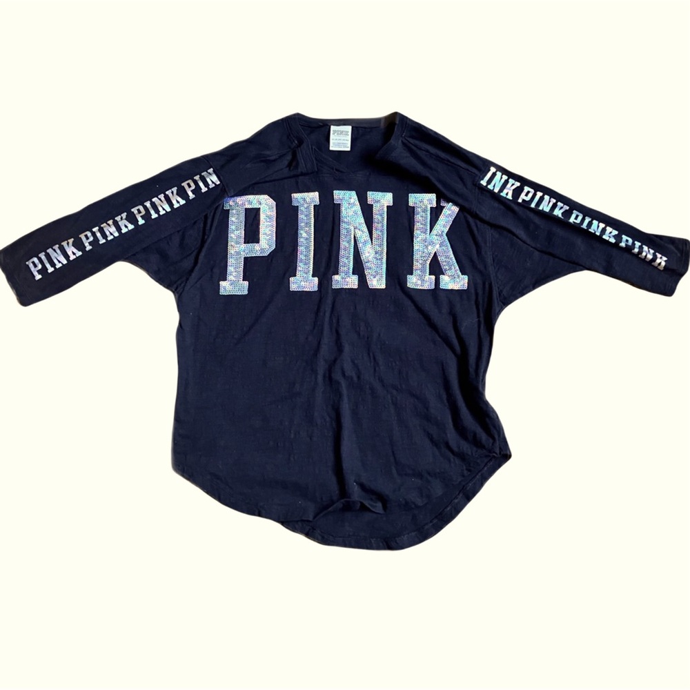 PINK by Victoria’s Secret T-Shirt, Sz. XS, Black, 3/4 Sleeves, Sequin Letters